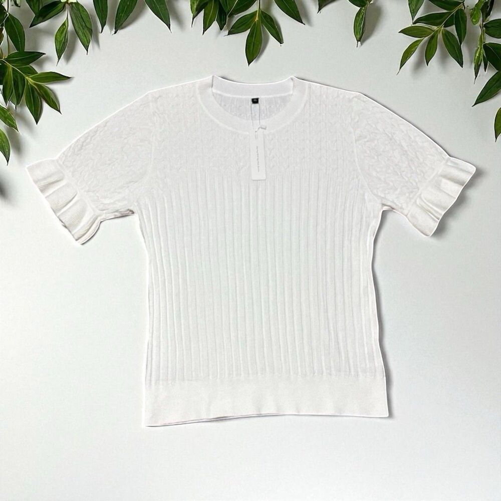 Arach & Cloz Blue Knit Sweater Women’s XL Short Sleeve Pullover Ruffle Hem NWT